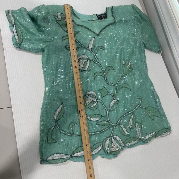 Vtg Royal Feelings Sz M Blouse Sequin Beaded Floral Top Sea Foam Green Cruise - Picture 10 of 13